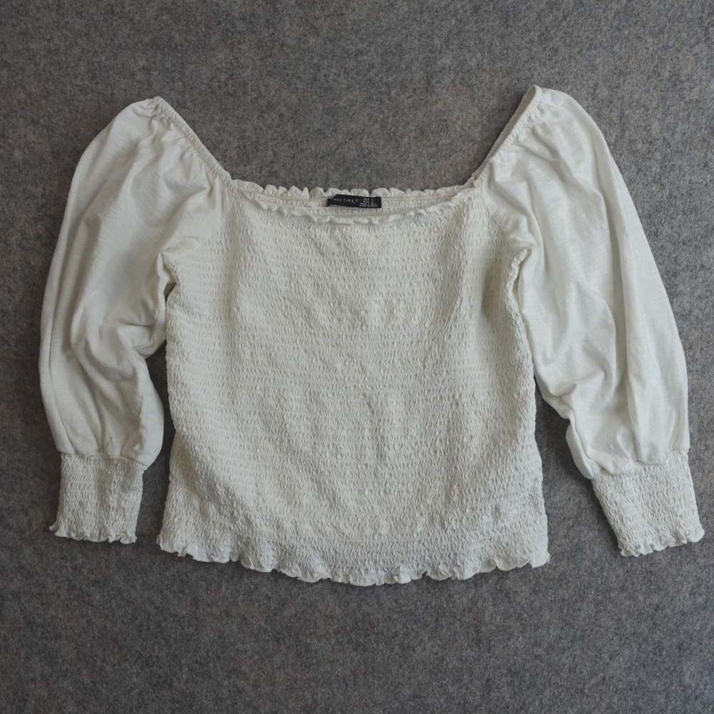 White Milkmaid Cropped Peasant Top‎ Large Smocked Puff Sleeve Cotton Square Neck